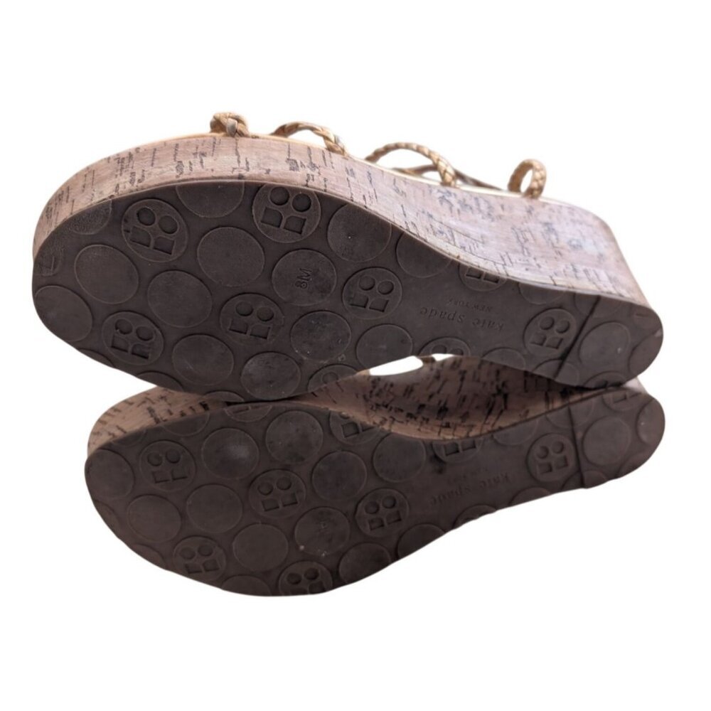 Kate Spade New York Becca Gold Braided Leather Cork Platform Wedge Sandals Sz 8 - Picture 9 of 10